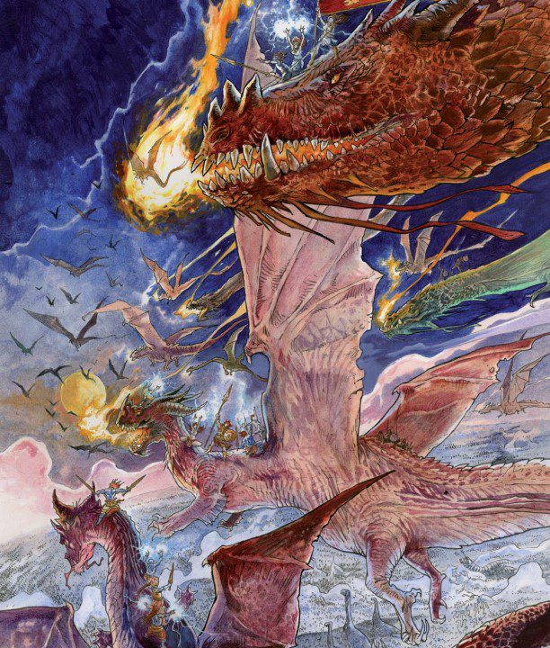 A sky full of dragons, many with humans upon their backs, flying across the sky and toward the sun.