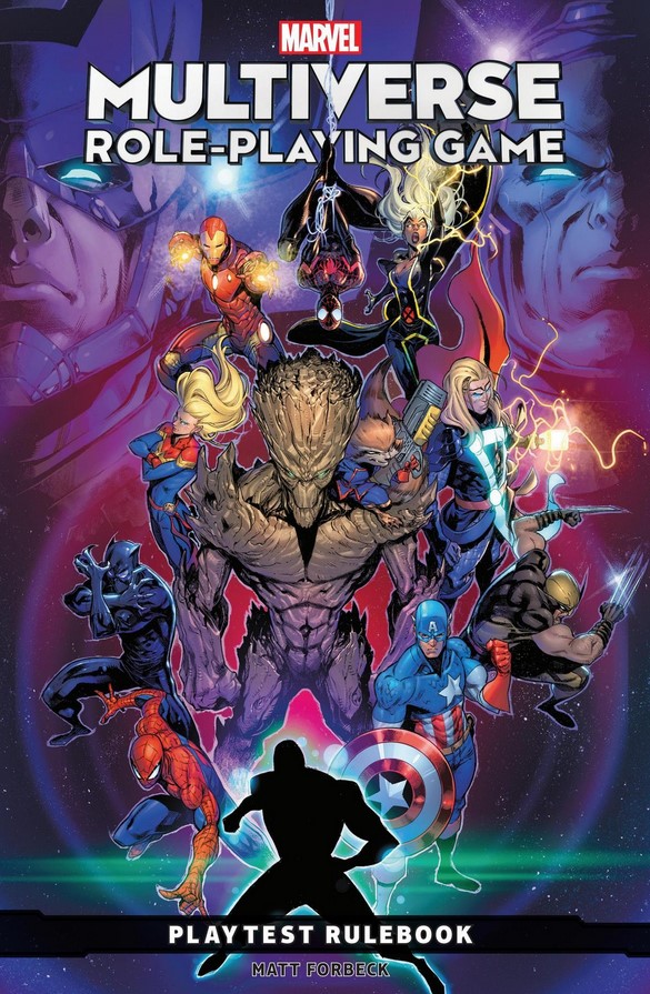 Iron Man, both Spider-Men, Captain America, Wolverine, Black Panther, Storm, Captain Marvel, Rocket, and Groot stand behind a blank figure in the center middle of the cover.