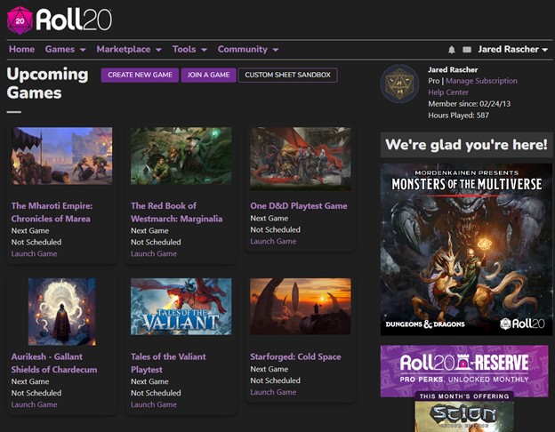 Roll 20 Interface showing multiple games and options on the home page.