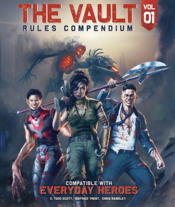 Two titanic creatures fighting in the background, one mechanical and the other a skeleton with a nuclear glow. In the foreground are three figures, one a man in a ripped up suit, carrying a halberd, another a woman in combat fatigues with a prosthetic arm and an eye patch, carrying an assault rifle, and a third, a person in red and black futuristic clothes, with elongated limbs. The title is The Vault Rules Compendium Volume One.