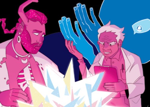 a ghostly figure is consulting with a man in a lab coat as they look at a crystal in front of them.
