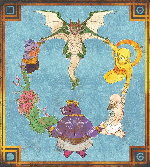 A council of beings holding hands in a circle, with the circle comprised of a dragon, a dwarf, an elf, a troll, a human, and a golden being.