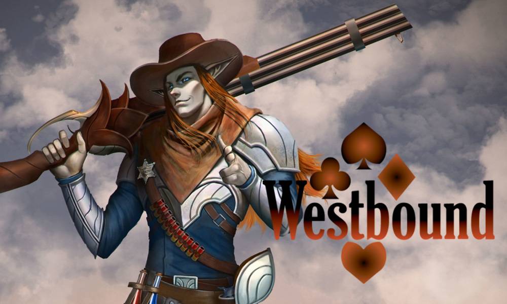 A gunslinger elf stands in the left side of the picture, with long pointy ears. The elf holds a 3 barrelled rifle with a handle that looks like a flower sprouting. The elf has a bandana around its neck and a blue shirt with plate armor shoulder pauldrons and bracers.